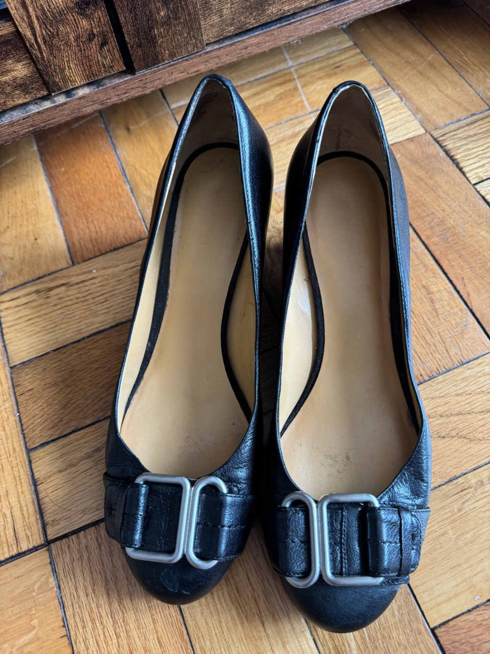 Nine West Black Leather Women's Buckle wedge heels